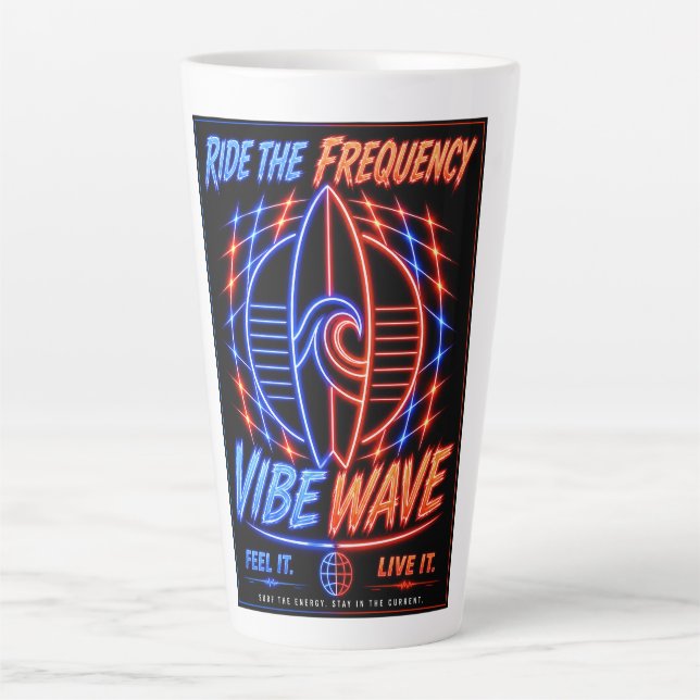 Caneca De Café Latte Vibe Wave Neon Surf Poster – Retro Synthwave Aesth (Frente)