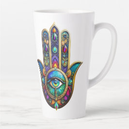 Caneca De Café Latte Vibrant Colors Hamsa Turquoise Yellow Third Eye 
