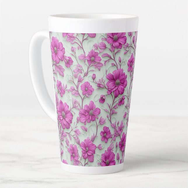 Caneca De Café Latte Vibrant Pink Floral Pattern With Magenta Flowers (Ângulo esquerdo)