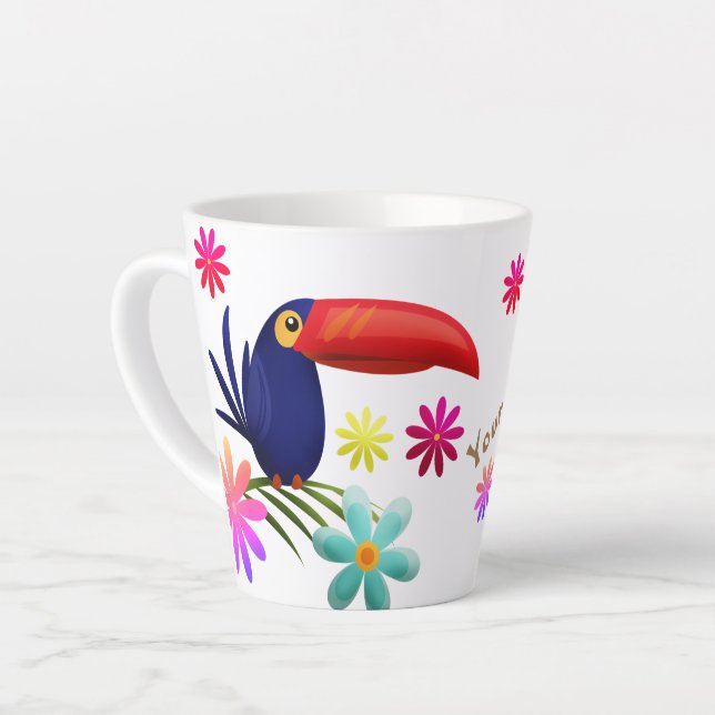 CANECA DE CAFÉ LATTE VÍBULO TROPICAL. VIBRANTE JUNGLE FLOWERS. TOUCAN B (Ângulo esquerdo)