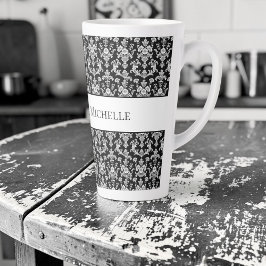 Caneca De Café Latte Victorian Black and White Damask Pattern