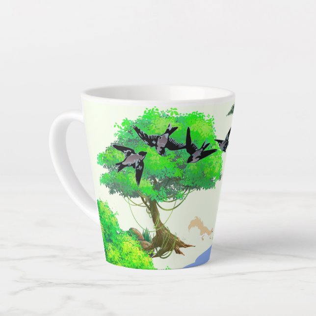 Caneca De Café Latte Vida na Floresta primavera com Aves e Esquilo - Na (Ângulo esquerdo)