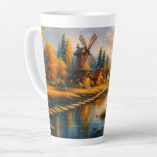 Caneca De Café Latte Vila Aconchegante do Moinho ao Nascer do Sol