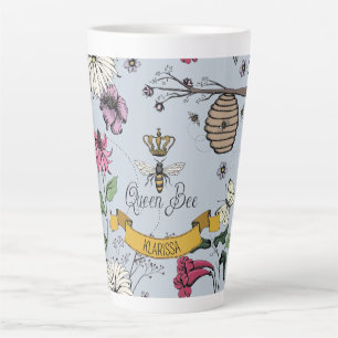 Caneca De Café Latte Vintage Blue Queen Bee, Royal Dourada Crown & Scro