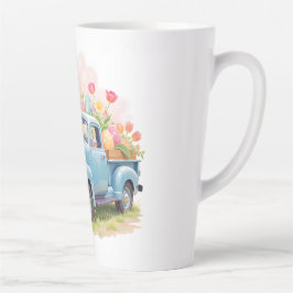Caneca De Café Latte Vintage Blue Truck with Easter Eggs & Tulips