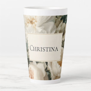 Caneca De Café Latte Vintage Floral Frame com Creme e Rosas Rosa