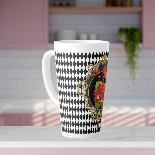 Caneca De Café Latte Vintage Harlequin Red Begonias (Criador carregado)