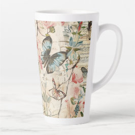 Caneca De Café Latte Vintage Multiborboletas e flores