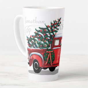 Caneca De Café Latte Vintage Red Truck Nome do Monograma de Natal