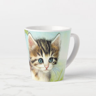 Caneca De Café Latte Vintage White e Brown Kitten com Flores