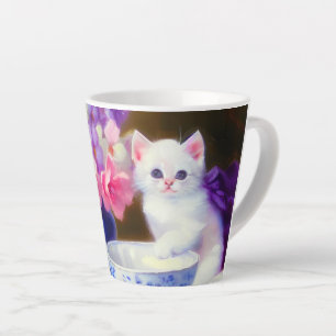 Caneca De Café Latte Vintage White Kitten com Fita Roxa