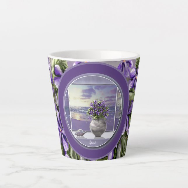 Caneca De Café Latte violetas em vidro luar (Frente)