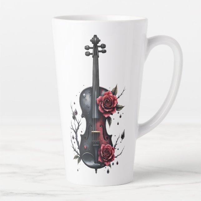 Caneca De Café Latte Violino preto gótico com rosas vermelhas (Direita)