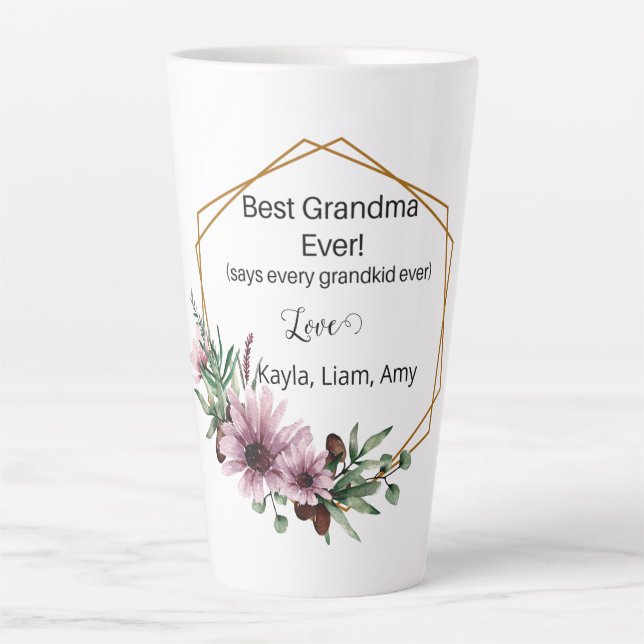 Caneca De Café Latte Vovó Latte Mug com flores roxas, quadro de ouro (Frente)