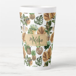 Caneca De Café Latte Watercolor Boho Interior Plantas Monograma Nome