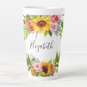 Caneca De Café Latte Watercolor Sunflower Floral Nome Grande