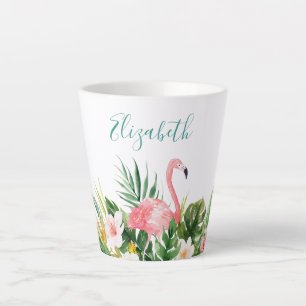 Caneca De Café Latte Watercolor Tropical Floral Flamingo Teal Name