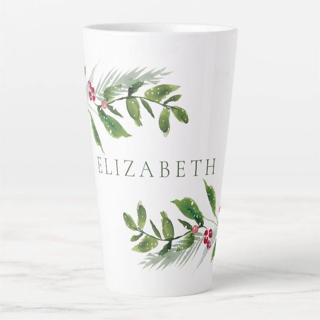 Caneca De Café Latte Watercolor Winter Greenery Modern Christmas (Frente)