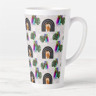 Caneca De Café Latte Whimsical Boho Owl & Tropical Monstera Leaf