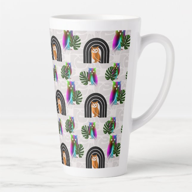 Caneca De Café Latte Whimsical Boho Owl & Tropical Monstera Leaf (Direita)