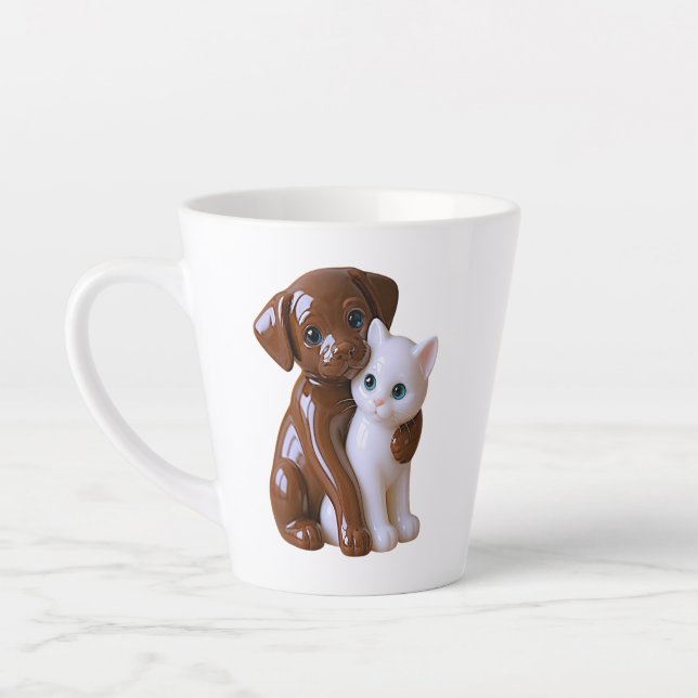 Caneca De Café Latte Whimsical Dog Cat Illustration (Esquerda)