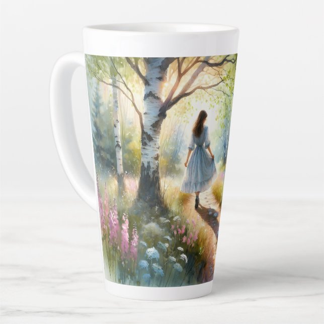 Caneca De Café Latte Whimsical Girl Dancing Through Birch Forest (Ângulo esquerdo)