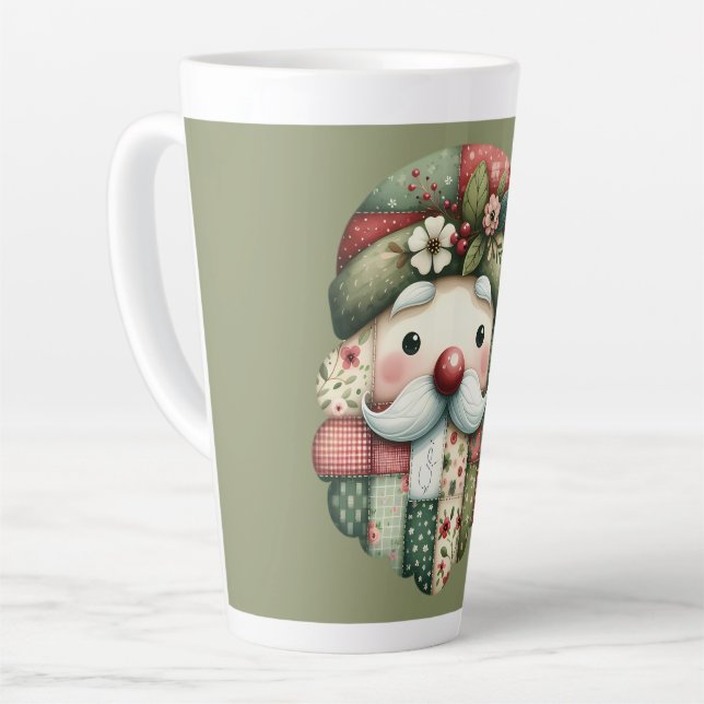 Caneca De Café Latte Whimsical Patchwork Santa Folk Christmas (Ângulo esquerdo)