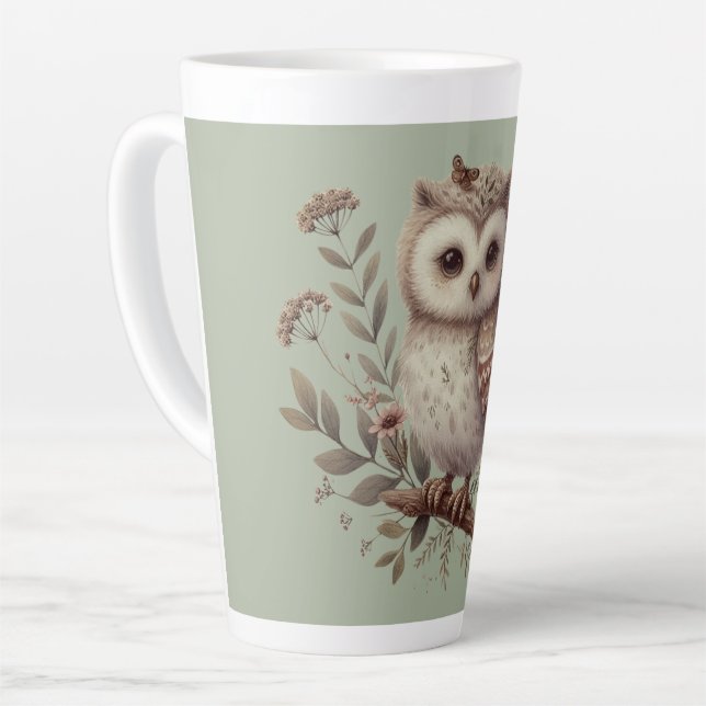 Caneca De Café Latte Whimsical Woodland Owl Botanical Illustration (Ângulo esquerdo)