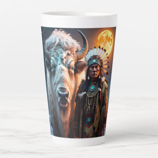 Caneca De Café Latte White Bison e Chefe Nativo Americano (Frente)