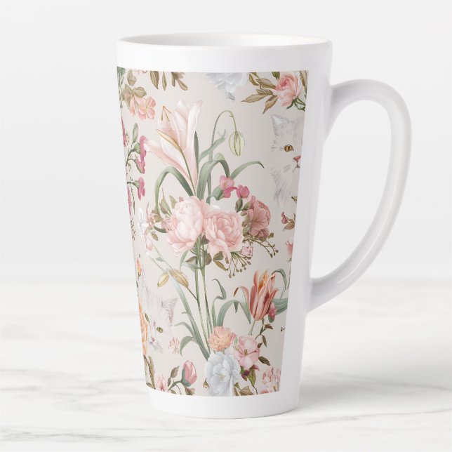 Caneca De Café Latte White Cats Pink Roses Floral  (Direita)
