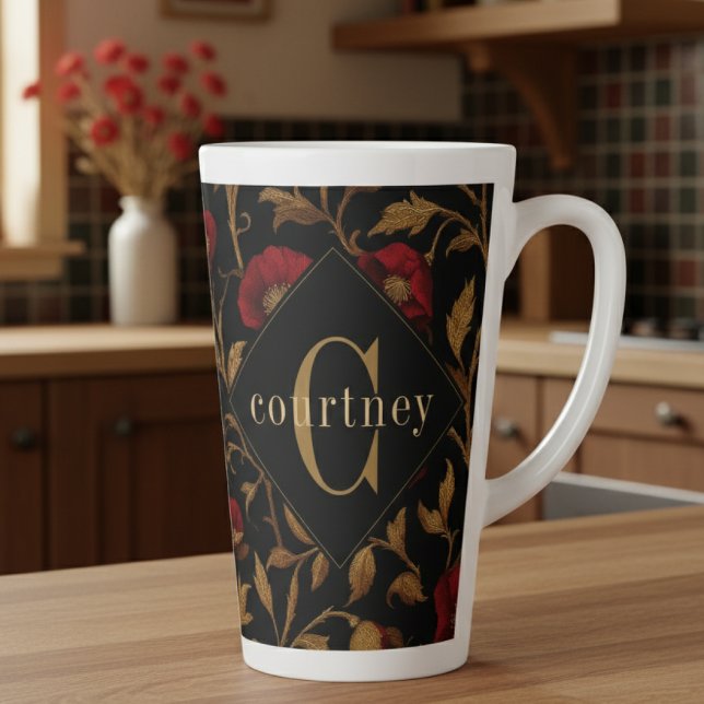 Caneca De Café Latte William Morris Red Dourado Poppy Monograma Receita (Criador carregado)