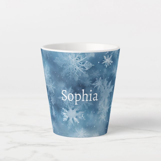 Caneca De Café Latte Winter Blue White Snowflakes Christmas (Frente)