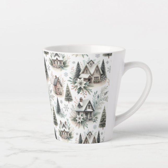Caneca De Café Latte Winter Cottage Snowfall Pattern (Direita)