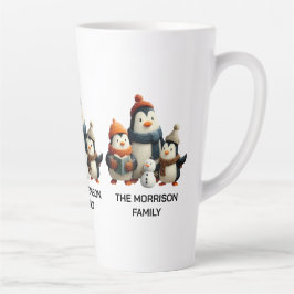 Caneca De Café Latte Winter Penguin Family with Snowman