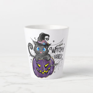 Caneca De Café Latte Witchy Vibes   Bruxas Black Cat e Jack-O-Lantern