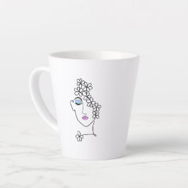 Caneca De Café Latte Woman With Flowers Line Art  