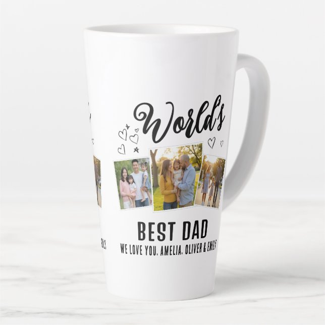 Caneca De Café Latte World's Best Dad Custom 3 Photo Collage (Ângulo direito)