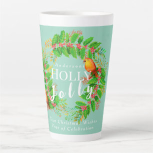 Caneca De Café Latte Wreath Holly Jolly Family Light Teal