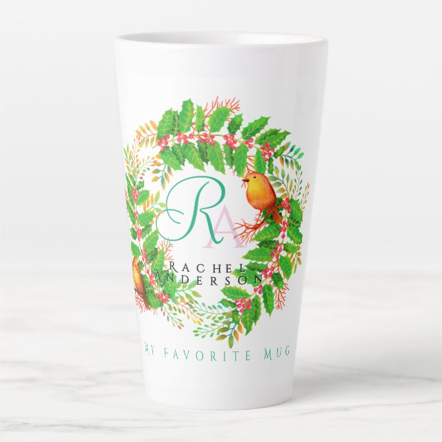 Caneca De Café Latte Wreath Natal Monograma Branco (Frente)