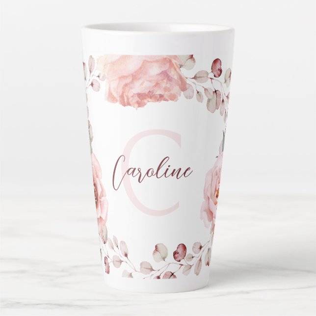 Caneca De Café Latte Wreath Rosa de Aquarela Personalizada | Branca (Frente)