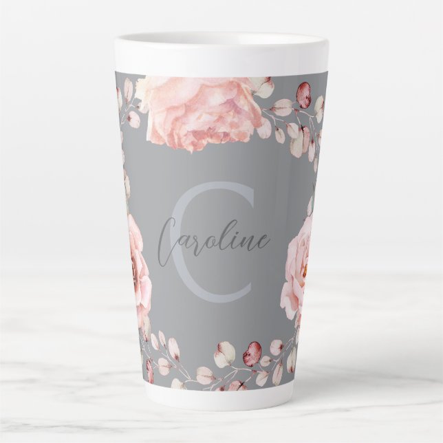 Caneca De Café Latte Wreath Rosa de Aquarela Personalizada | Cinza (Frente)