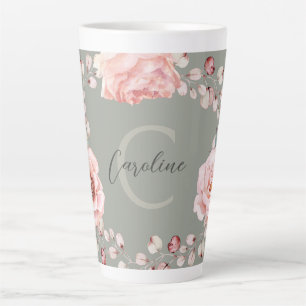Caneca De Café Latte Wreath Rosa de Aquarela Personalizada   Sage Green