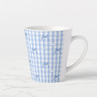 Caneca De Café Latte Xadrez Azul Gingham com Laços Elegantes