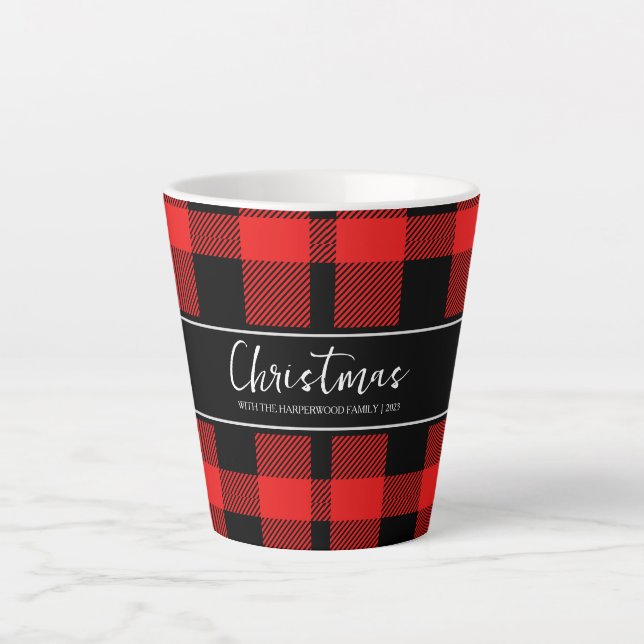 Caneca De Café Latte Xadrez de Buffalo Mínima do Natal Nome da Família (Frente)