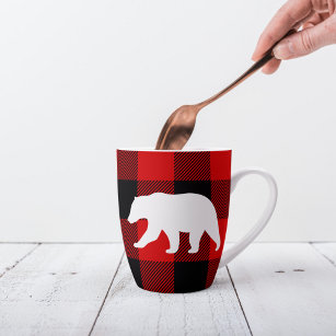Caneca De Café Latte Xadrez de Buffalo Vermelho e Urso Branco
