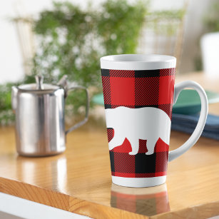 Caneca De Café Latte Xadrez de Buffalo Vermelho e Urso Branco