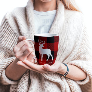 Caneca De Café Latte Xadrez de Buffalo Vermelho e Veado Branco   Nome p