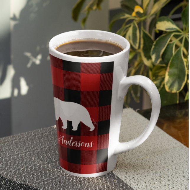 Caneca De Café Latte Xadrez e Urso de Buffalo Vermelho | Presente de no (Criador carregado)