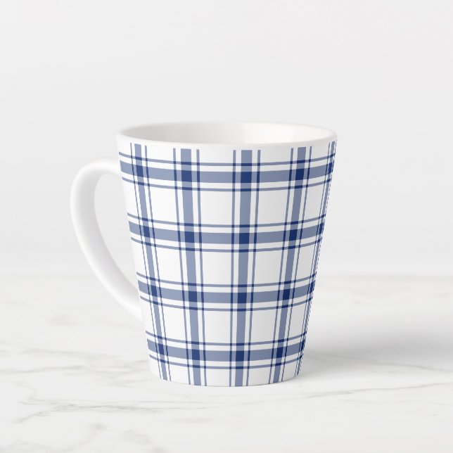 Caneca De Café Latte Xadrez náutico azul e branco (Ângulo esquerdo)