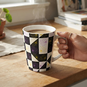 Caneca De Café Latte Xadrez Preto e Branco Daisy Roxo Amarelo Estético